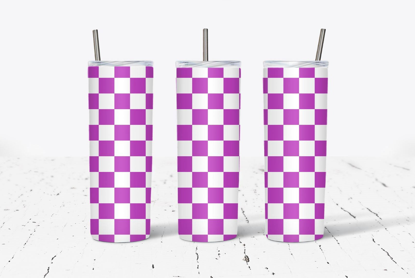 Purple and White Stainless Steel Checkered Tumbler