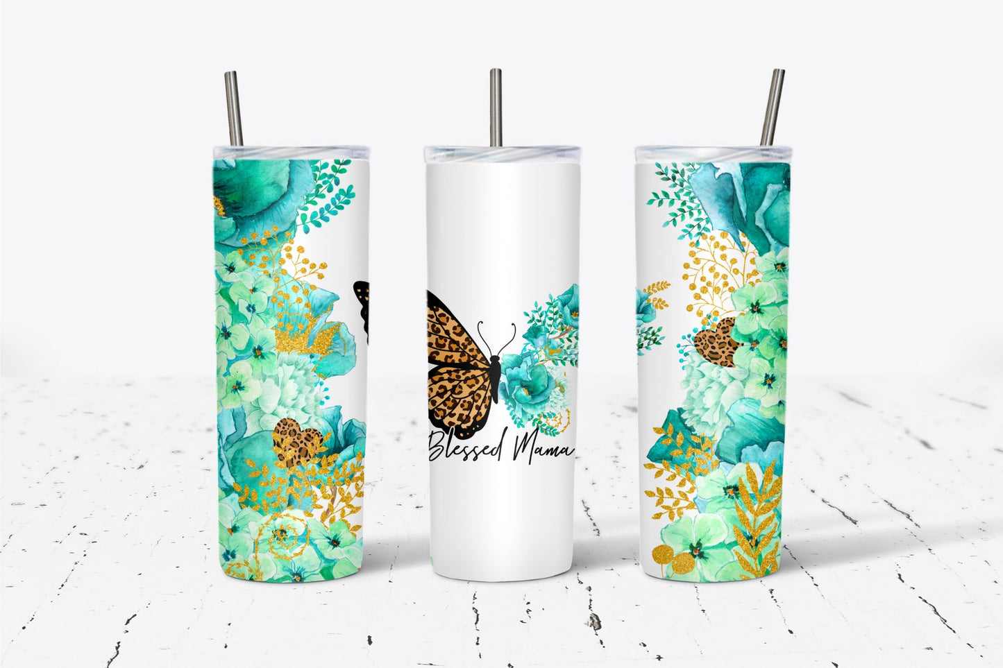 Blessed MAMA Floral Butterfly - Green 20oz Tumbler