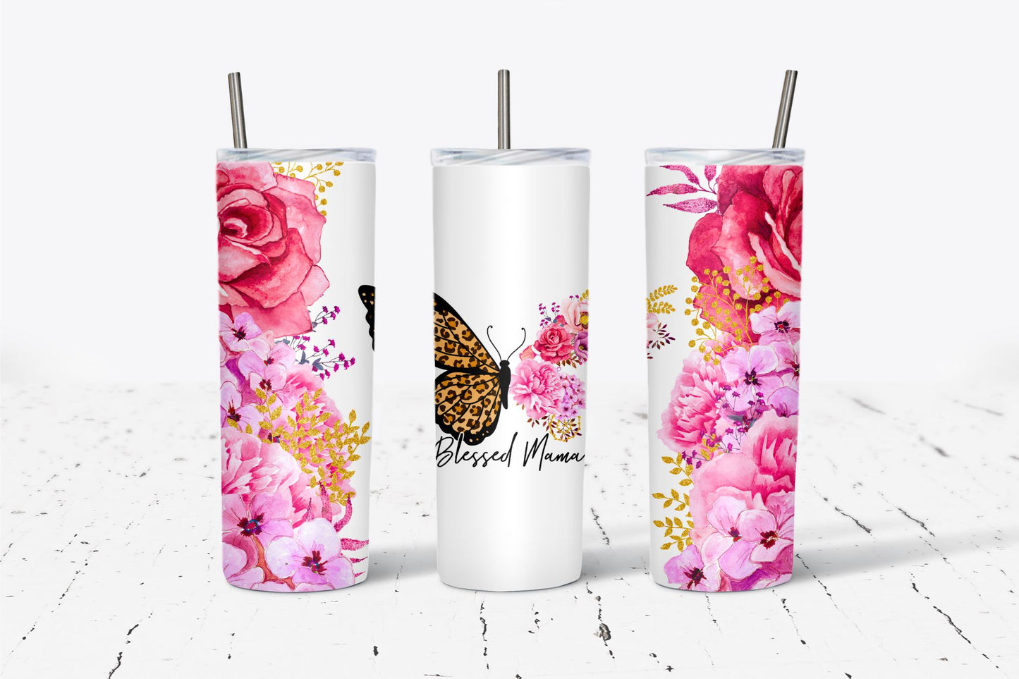 Blessed MAMA Floral Butterfly - Pink 20oz Tumbler