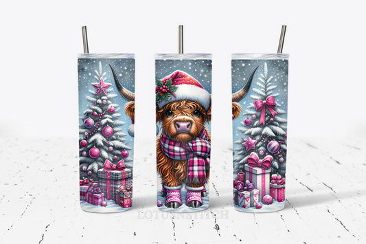 Pink Plaid Highland Cow - 20oz Stainless Steel Tumbler