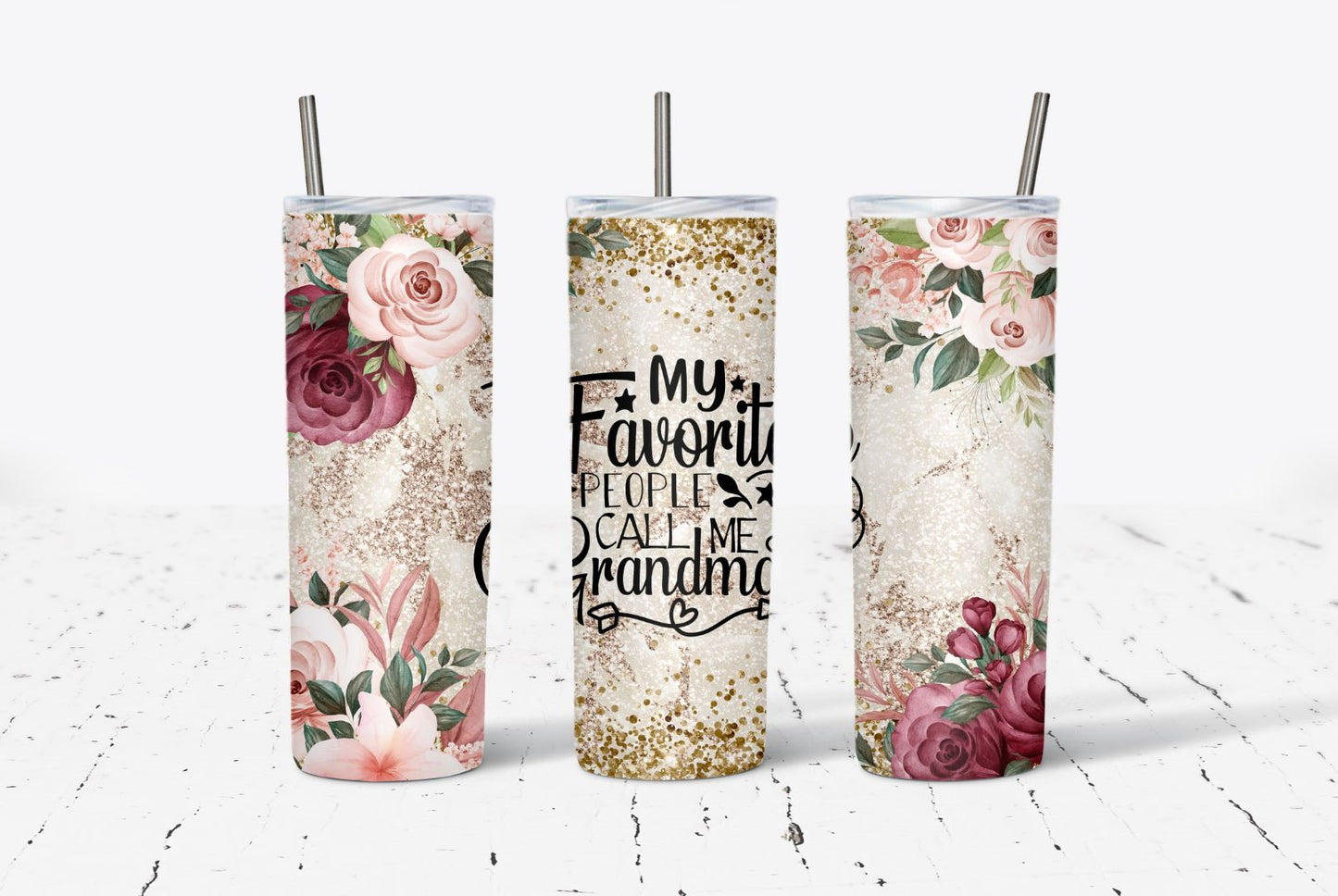 Grandma Pink Maroon Floral 20oz Stainless Steel Tumbler