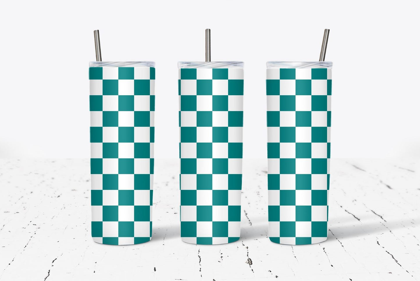 Teal White Checkered 20oz Stainless Steel Tumbler